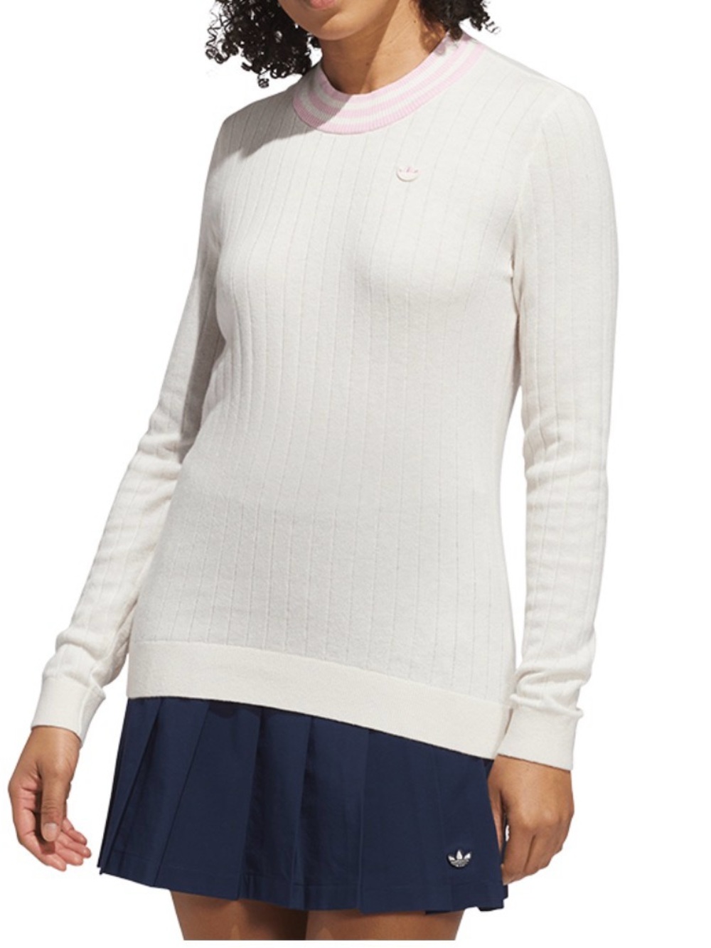 adidas Cashmere White Ribbed Crewneck Sweater with Pink Trim